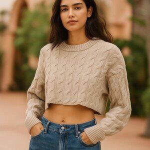 Babaton Aritzia 100% Merino Wool Cropped Cable Knit Womens Winter Sweater Cozy S